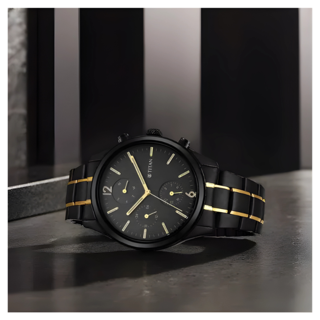 Titan 1805KM03 | Titan Black and Gold Anthracite Dial Analog Stainless Steel Strap watch for Men