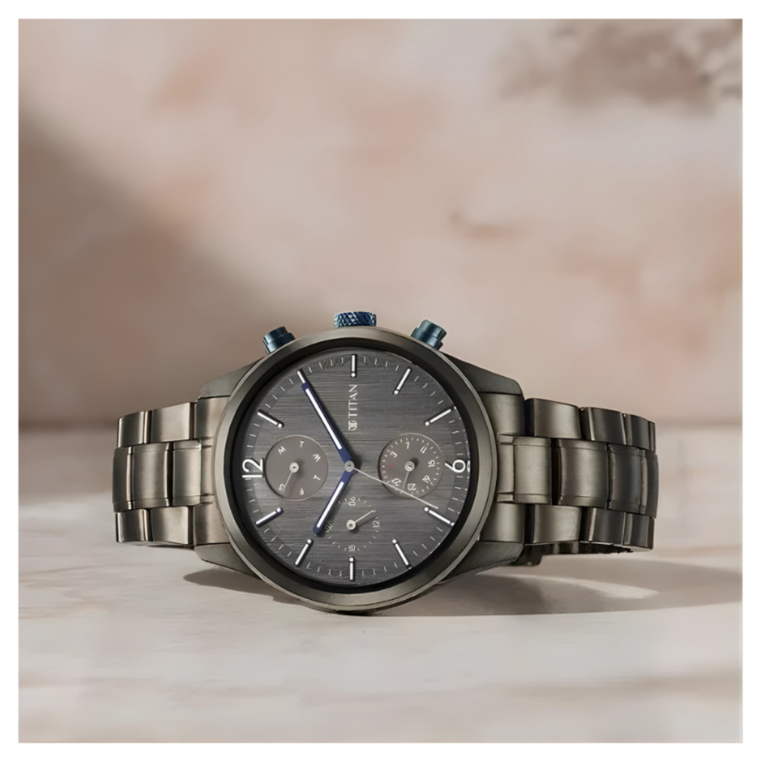 Titan 1805KM07 | Titan Neo Splash Quartz Multifunction Anthracite Dial Stainless Steel Strap Watch for Men