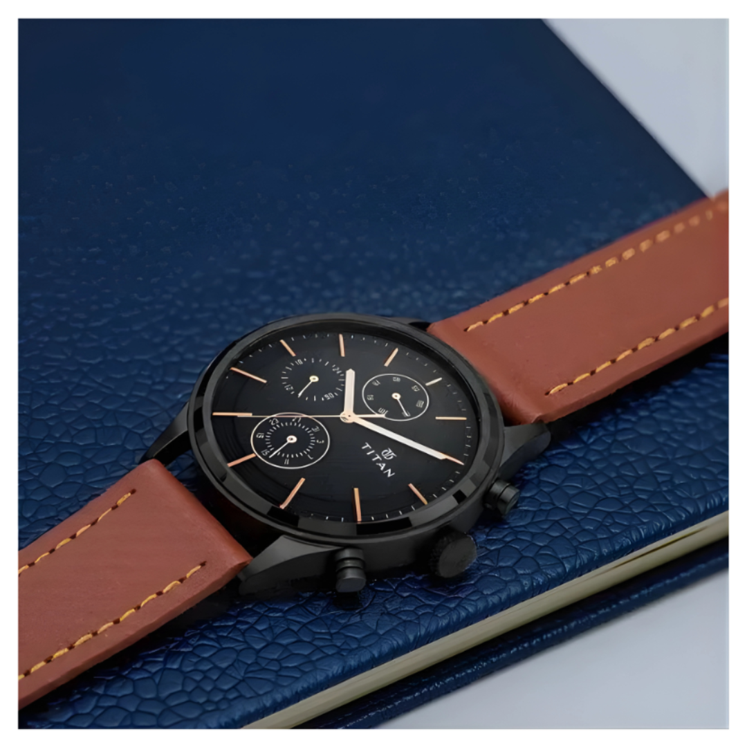 Titan 1805NL01 | Titan Workwear Multifunction Black Dial Brown Leather Strap Watch For Men