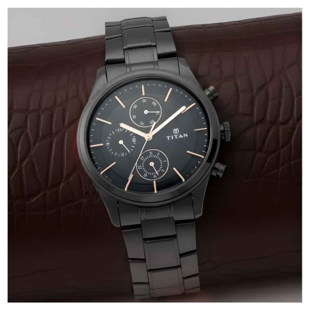Titan 1805NM01 | Titan Workwear Multifunction Black Round Dial Black Metal Strap Watch For Men