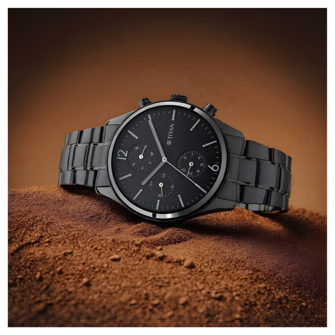 Titan 1805NM02 | Titan Workwear Multifunction Black Dial Black Metal Strap Watch For Men