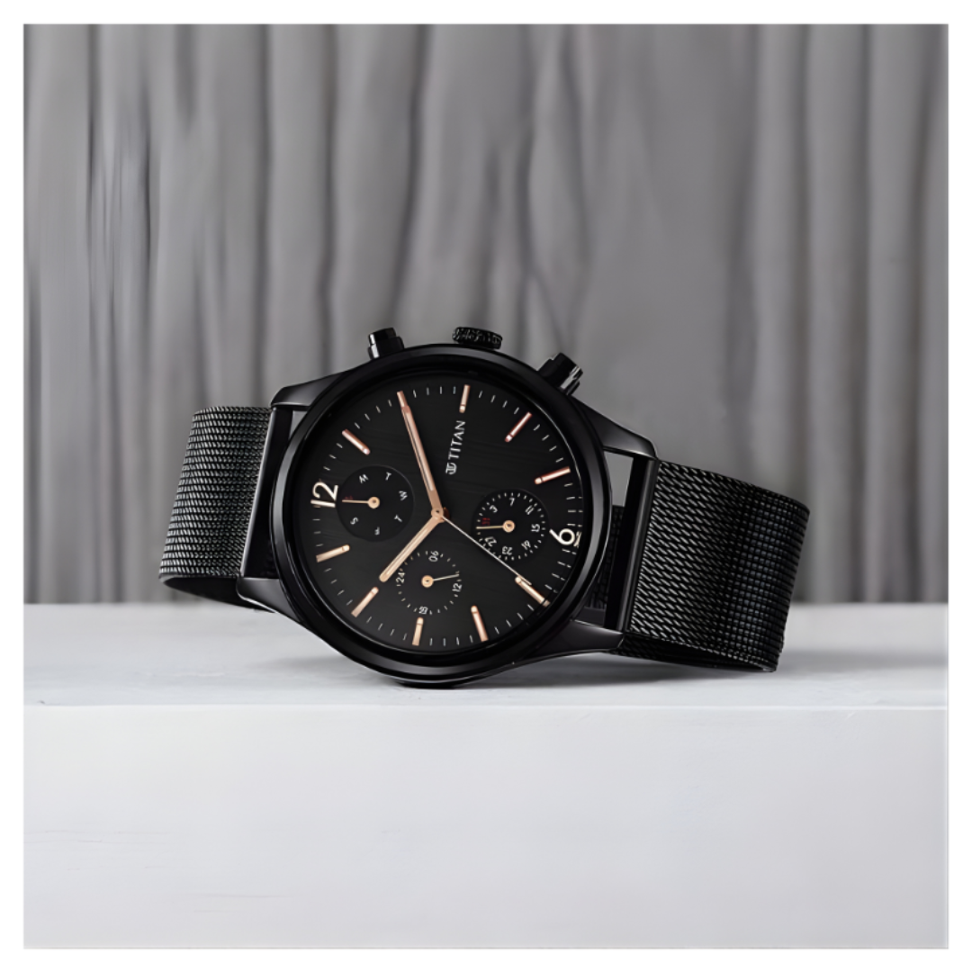Titan 1805NM05 | Titan Neo Black & Gold Quartz Analog with Day and Date Black Dial Stainless Steel Strap Watch for Men