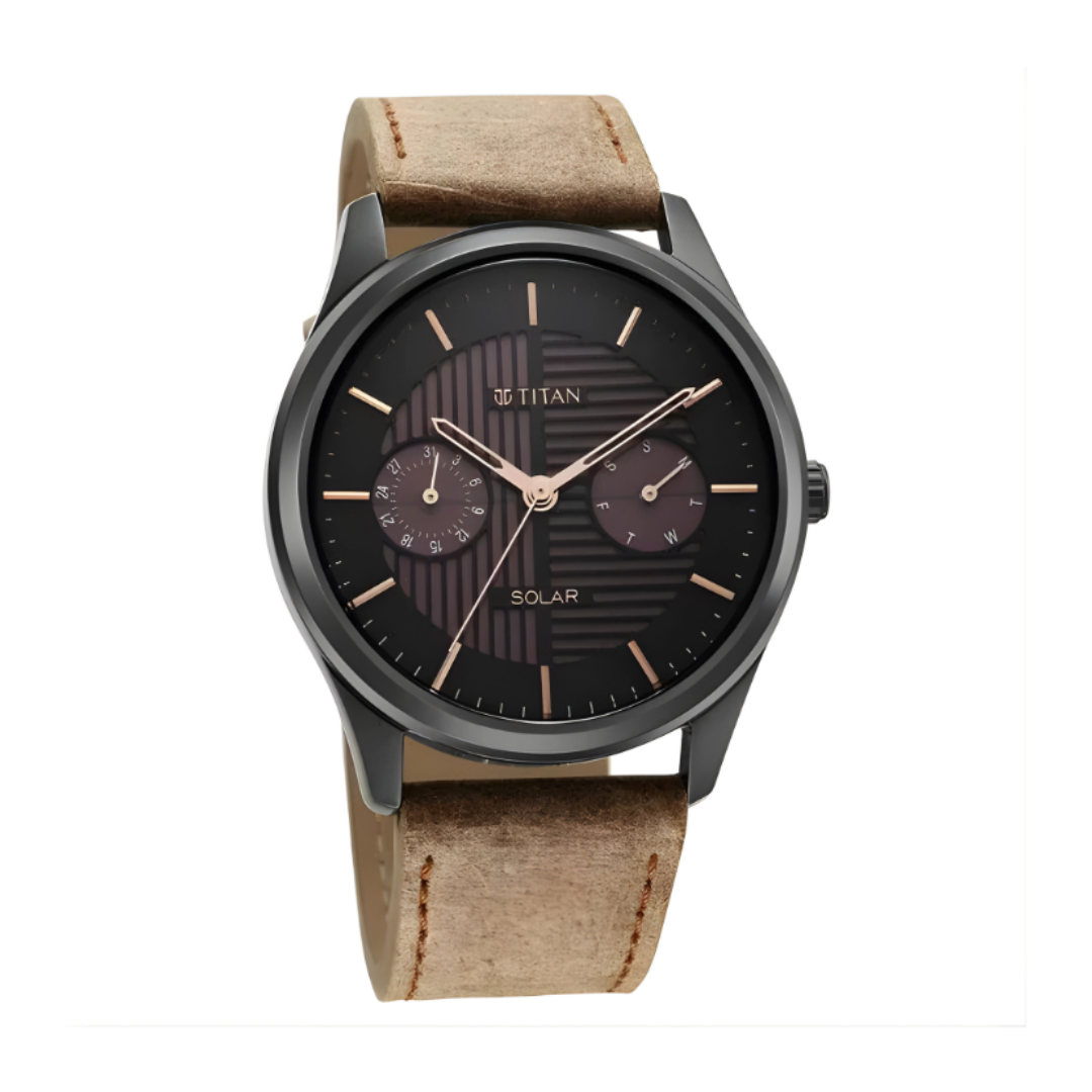 Titan 1805QL02 | Titan Solar Black Dial Quartz Multifunction Leather Strap watch for Men