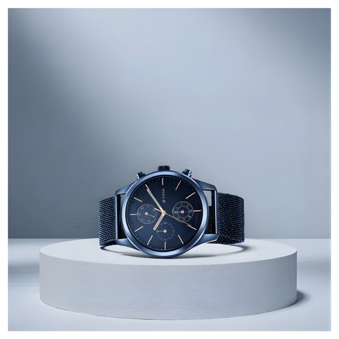 Titan 1805QM02 | Titan Men's Sartorial Neo Splash: Blue Dial Multifunction Watch with Mesh Strap