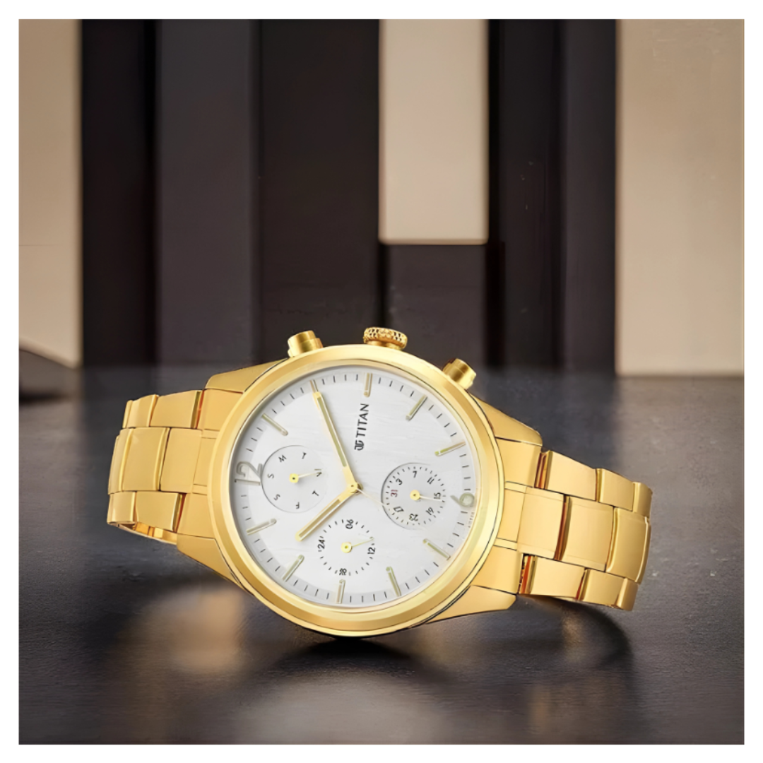 Titan 1805YM01 | Titan Black and Gold Silver Dial Analog with Day and Date Stainless Steel Strap Watch for Men
