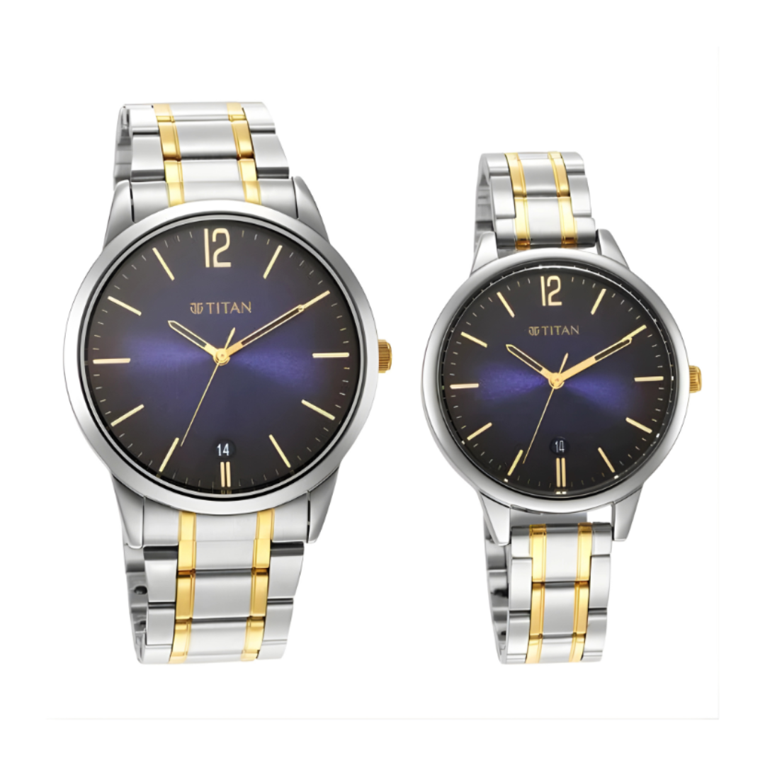 Titan 18062617BM01P | Titan Quartz Analog with Date Blue Dial Stainless Steel Strap Watch for Couple
