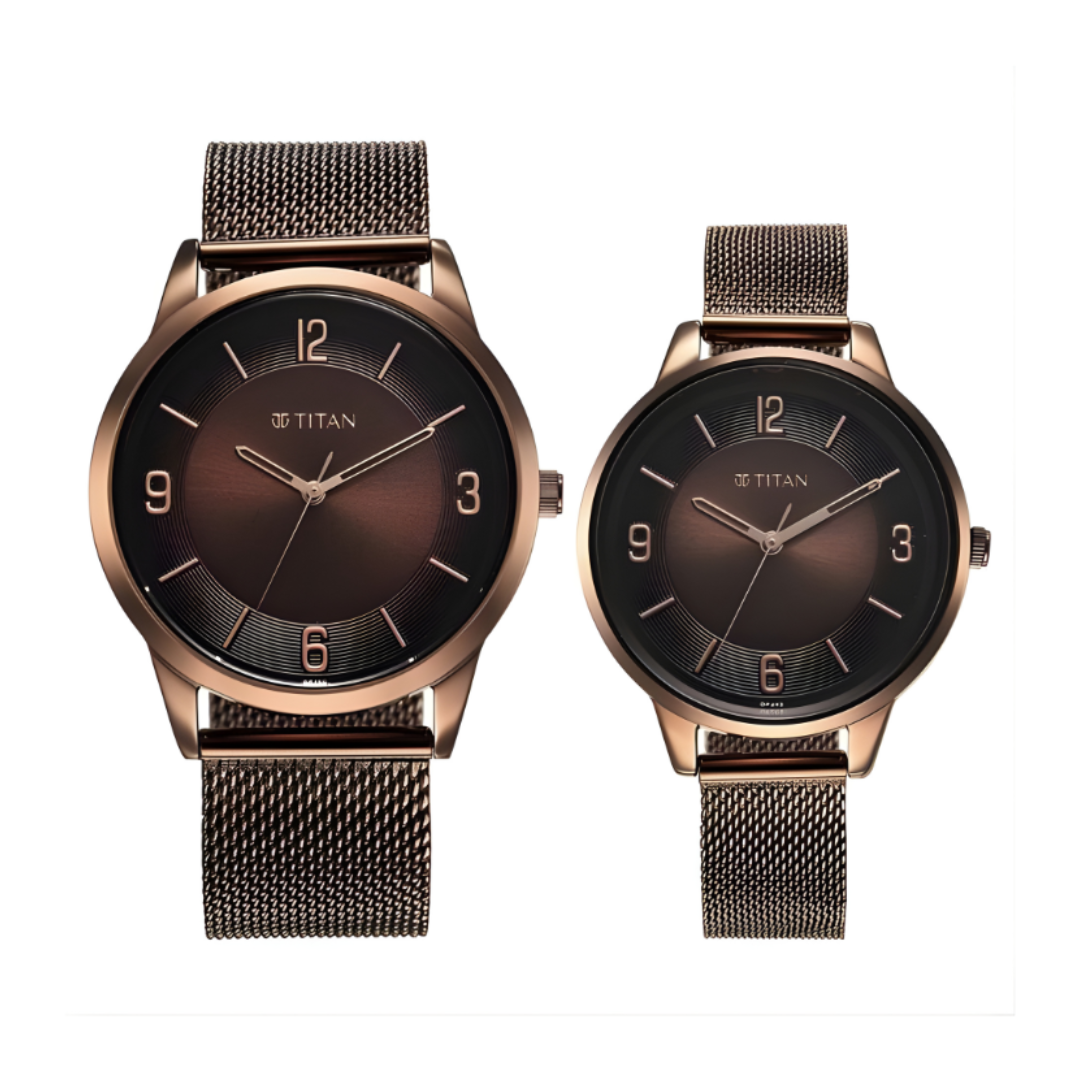 Titan 18062648QM01 | Titan Bandhan Quartz Analog Brown Dial Stainless Steel Strap Watch for Couple