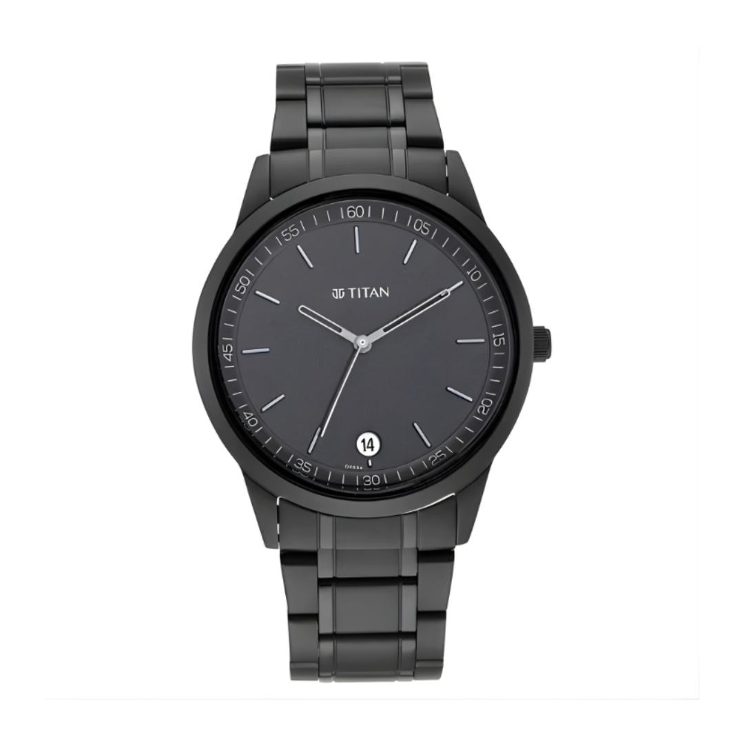 Titan 1806NM01 | Titan Minimals Quartz Analog with Date Black Dial Black Metal Strap Watch For Men