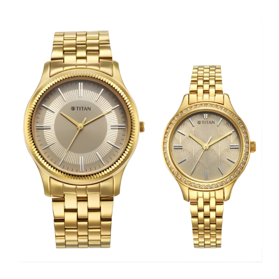 Titan 18242712YM01P | Titan Karishma Bandhan Champagne Dial Analog Stainless Steel Strap watch for Couple