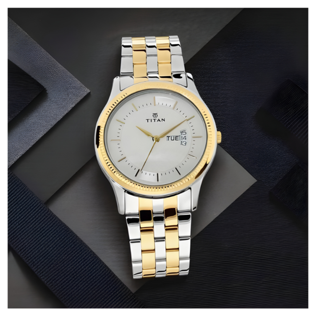 Titan 1824BM01 | Titan Quartz Analog with Day and Date Silver Dial Stainless Steel Strap Watch for Men