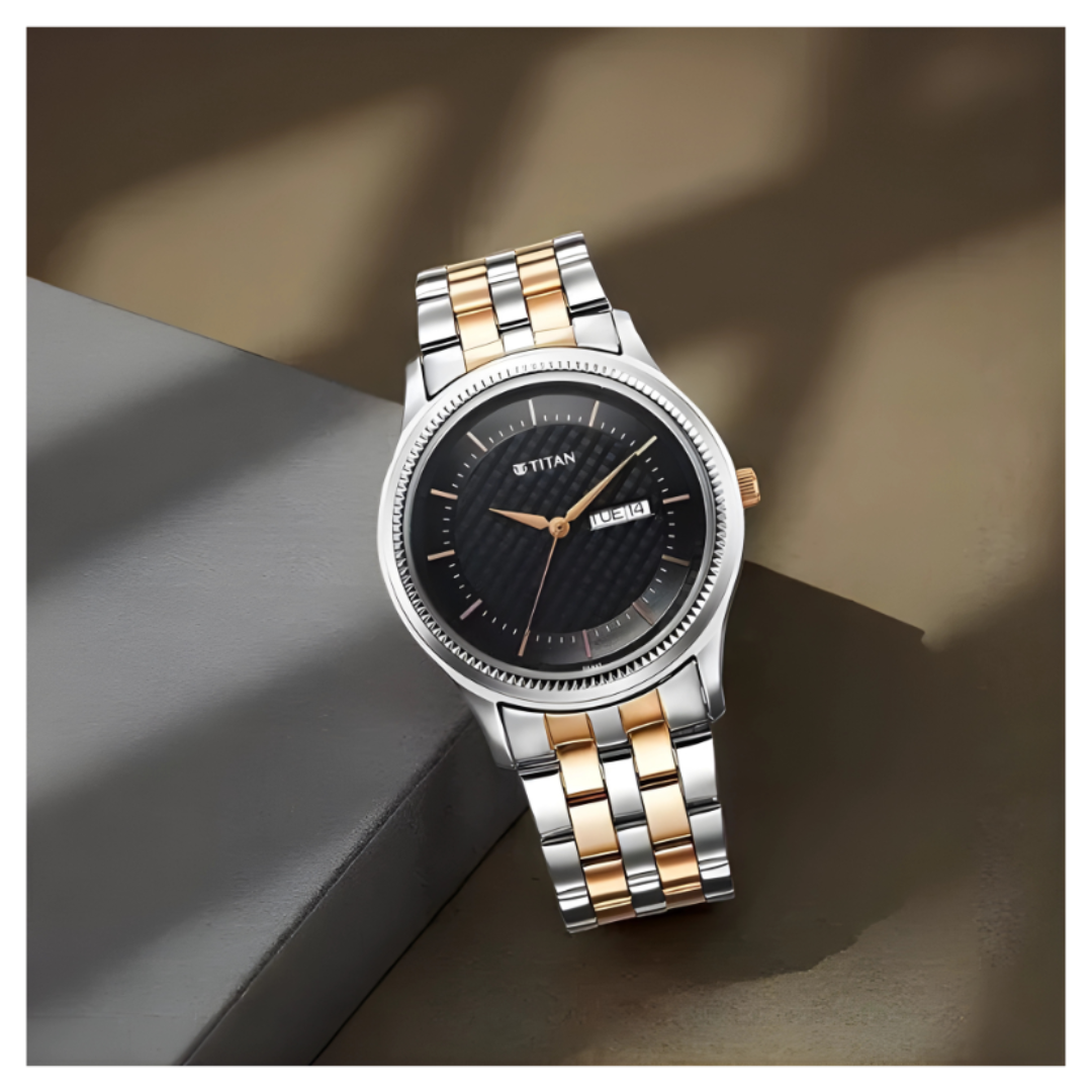 Titan 1824KM02 | Titan Karishma Quartz Analog with Day and Date Blue Dial Stainless Steel Strap Watch For Men