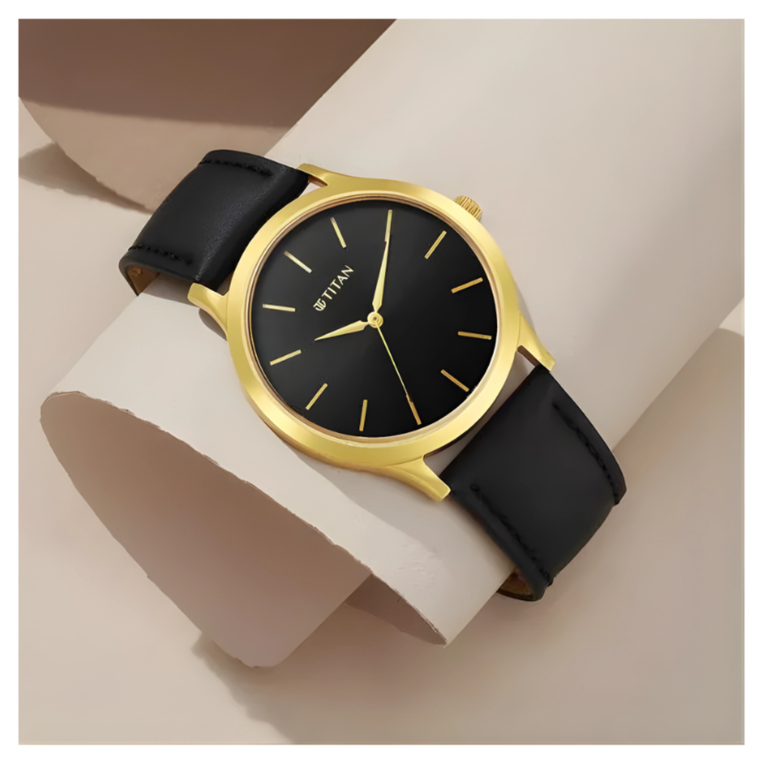 Titan 1825YL03 | Titan Karishma Radiance Black Dial Analog Leather Strap watch for Men