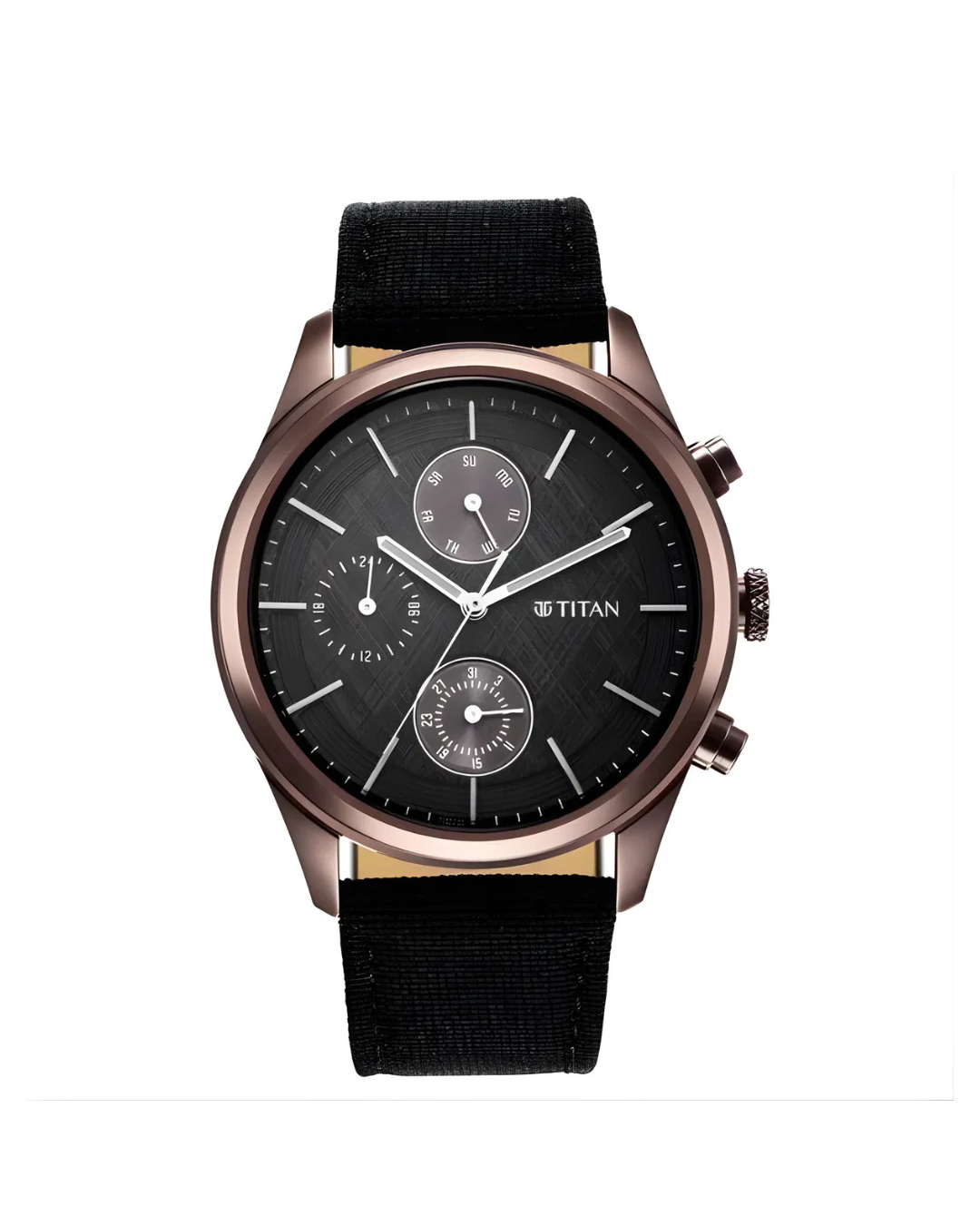 Titan 1805QP01 | Men's Infinity Chrono watch: Precise Blue Dial, Rose Gold Highlights, Durable Leather Strap