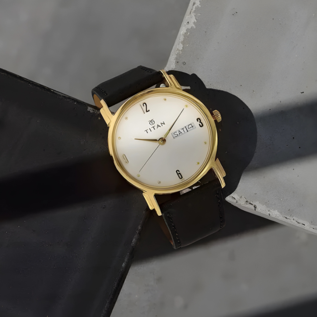 Titan 1445YL04 | Titan White Dial Analog with Day and Date Leather Strap watch for Men - 32 mm Case Size - Small Dial