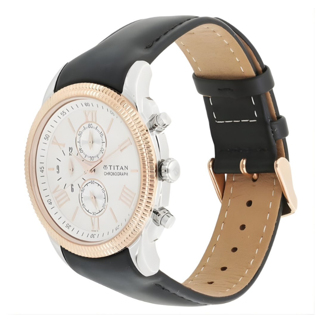 Titan 1489KL03 | Titan Chrono Classic White Dial Chronograph Leather Strap watch for Men