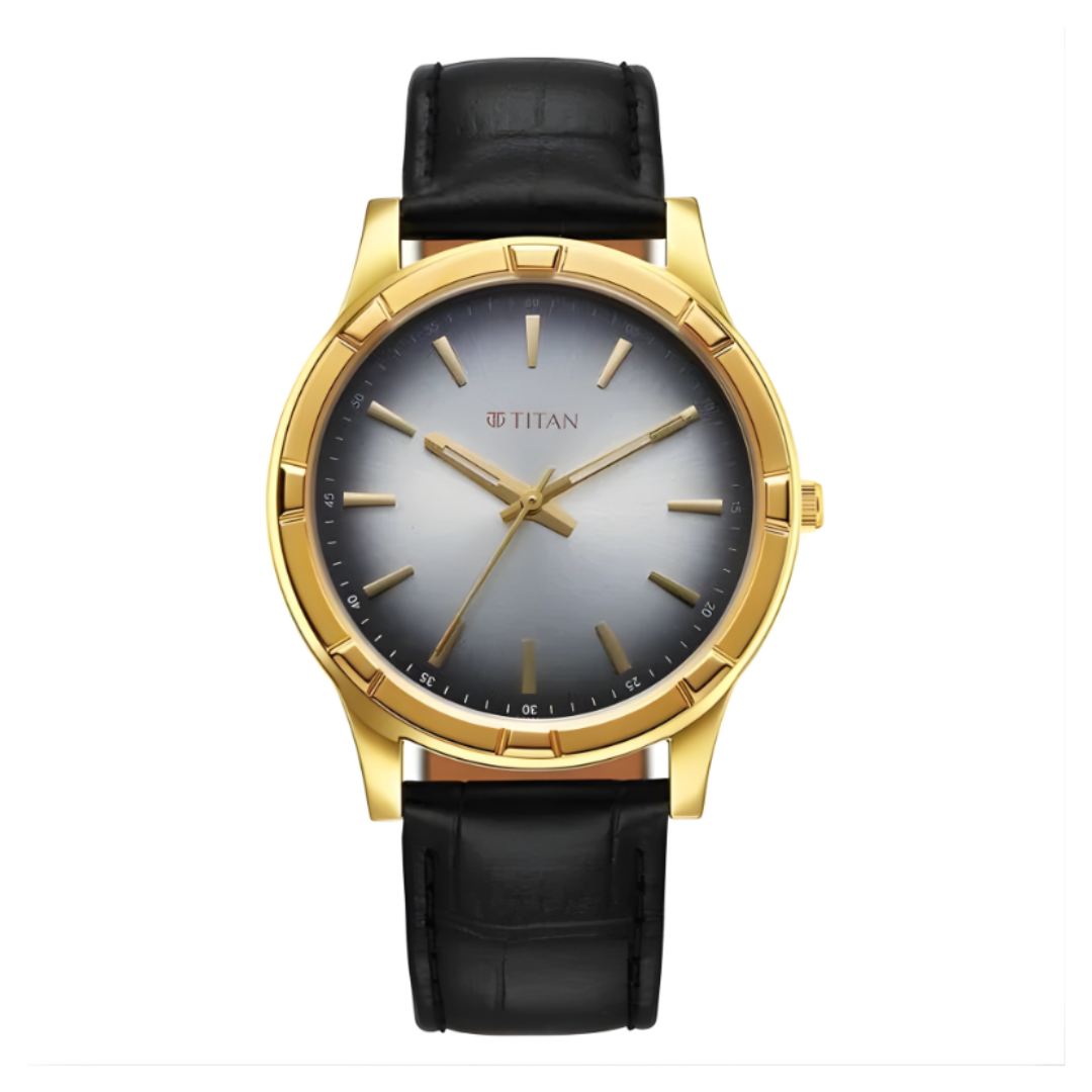 Titan 10058YL03 | Titan Karishma Festive Analog with Silver Dial Black Leather Strap Watch for Men