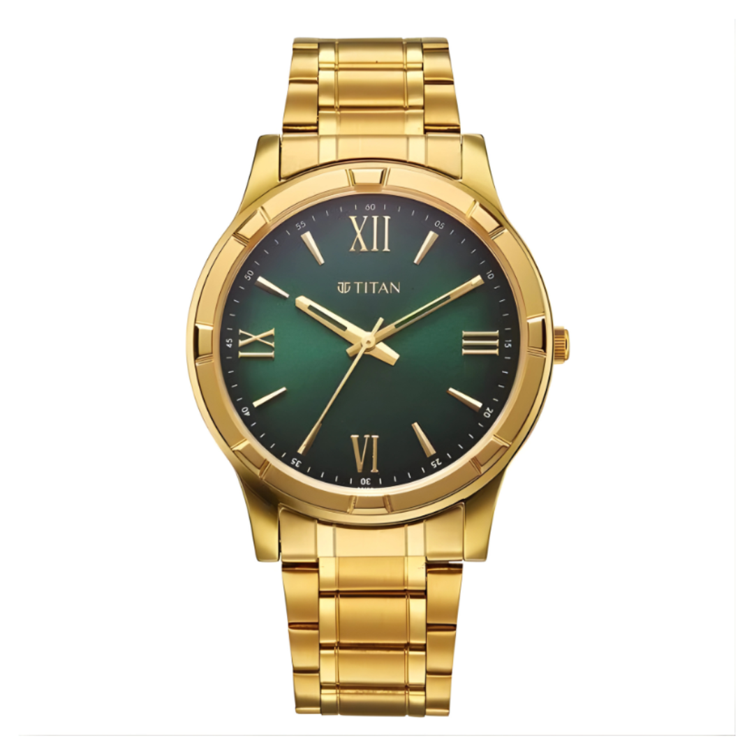 Titan 10058YM04 | Titan Karishma Quartz Analog Green Dial Golden Stainless Steel Strap Watch For Men