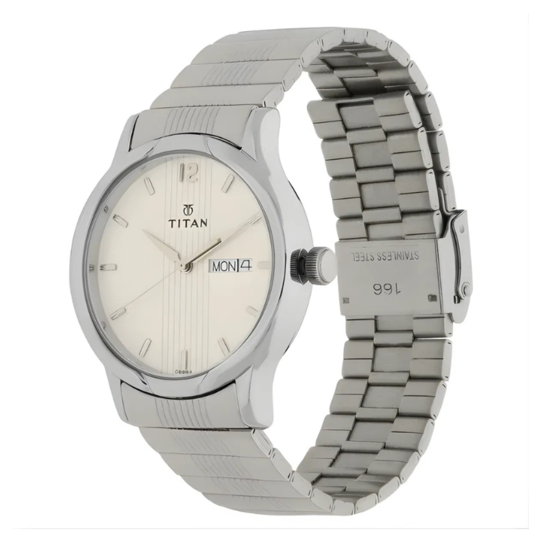 Titan 1580SM03 | Titan Quartz Analog with Day and Date Silver Dial Stainless Steel Strap Watch for Men