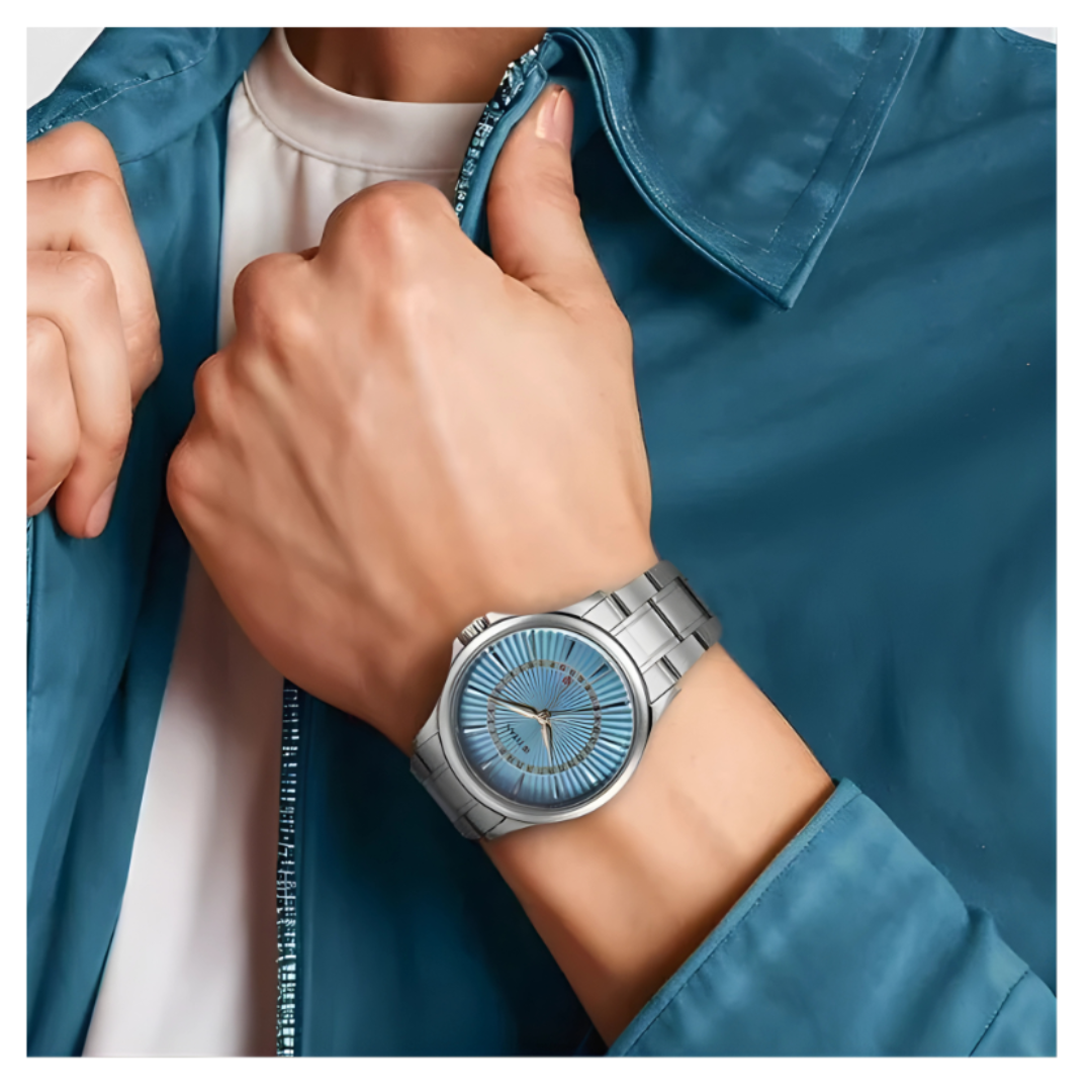 Titan 10038SM01 | Titan Karishma Quartz Analog with Date Blue Dial Stainless Steel Strap Watch For Men
