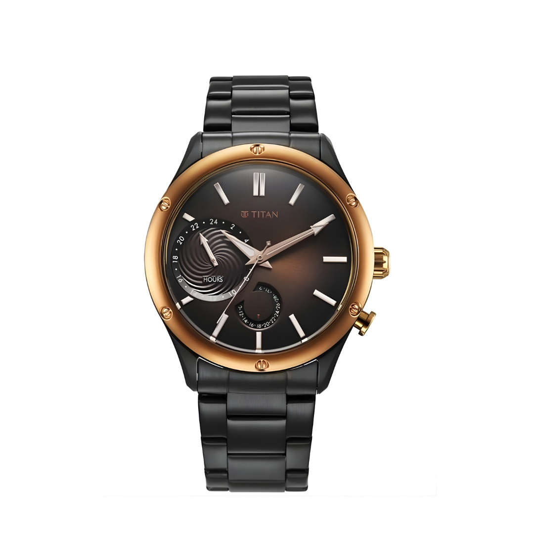 Titan 10009KM02 | Titan Stellar Multifunction Brown Dial Black Stainless Steel Strap Watch For Men