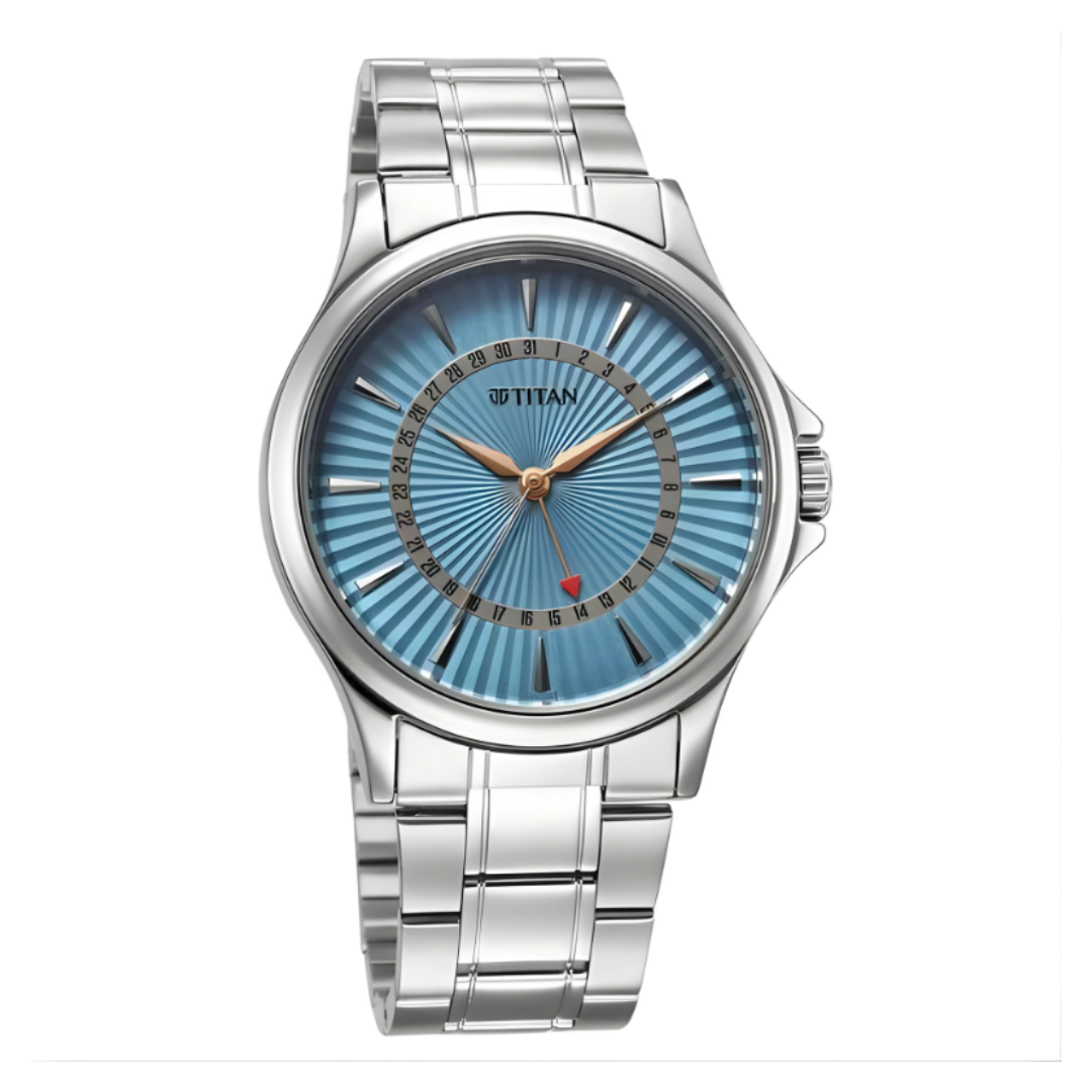 Titan 10038SM01 | Titan Karishma Quartz Analog with Date Blue Dial Stainless Steel Strap Watch For Men
