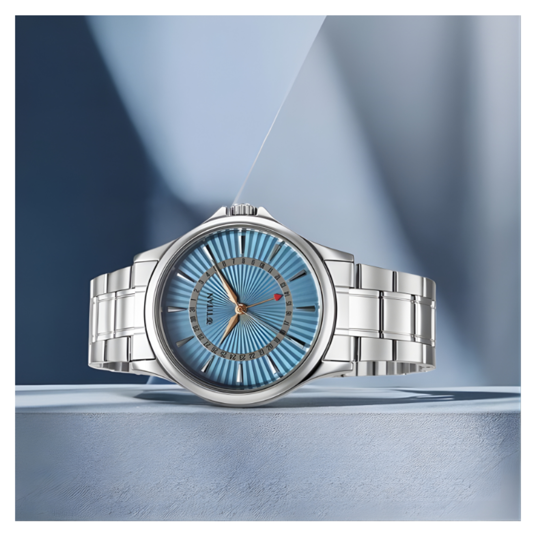 Titan 10038SM01 | Titan Karishma Quartz Analog with Date Blue Dial Stainless Steel Strap Watch For Men
