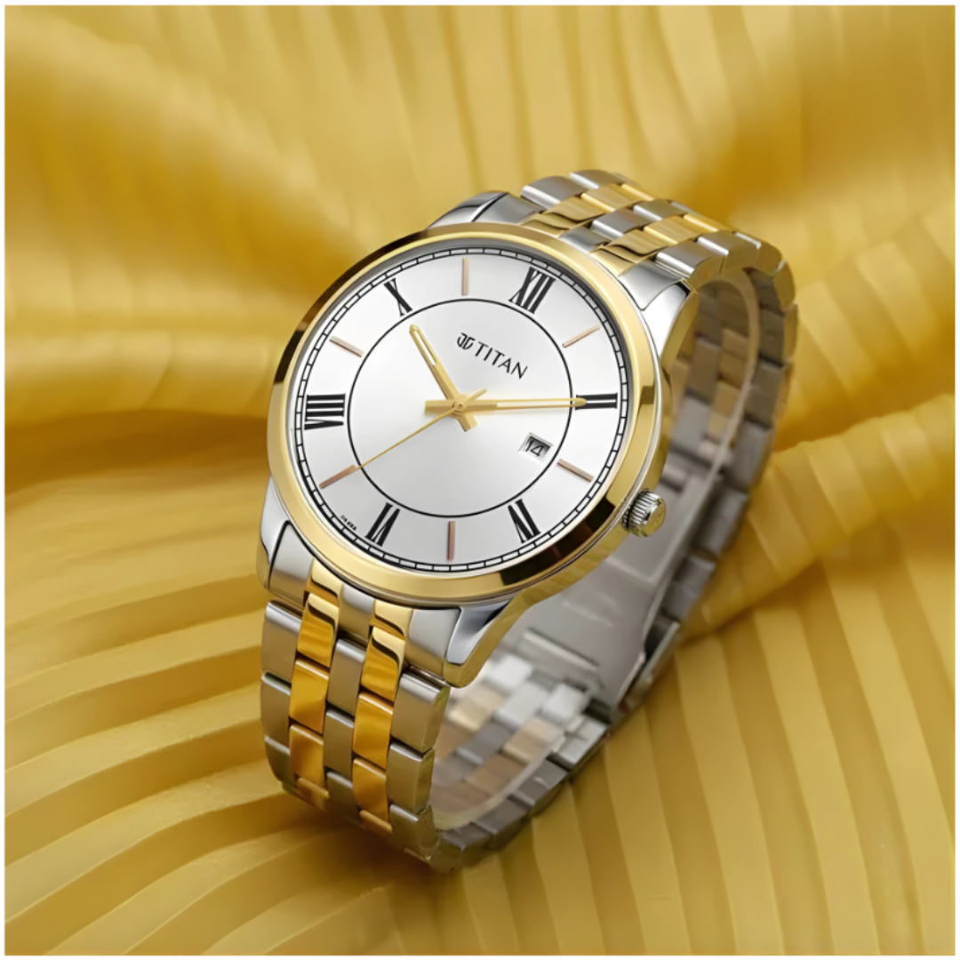 Titan 10060BM01 | Titan Karishma Festive Analog with Silver Dial Dual Tone Stainless Steel Strap Watch for Men
