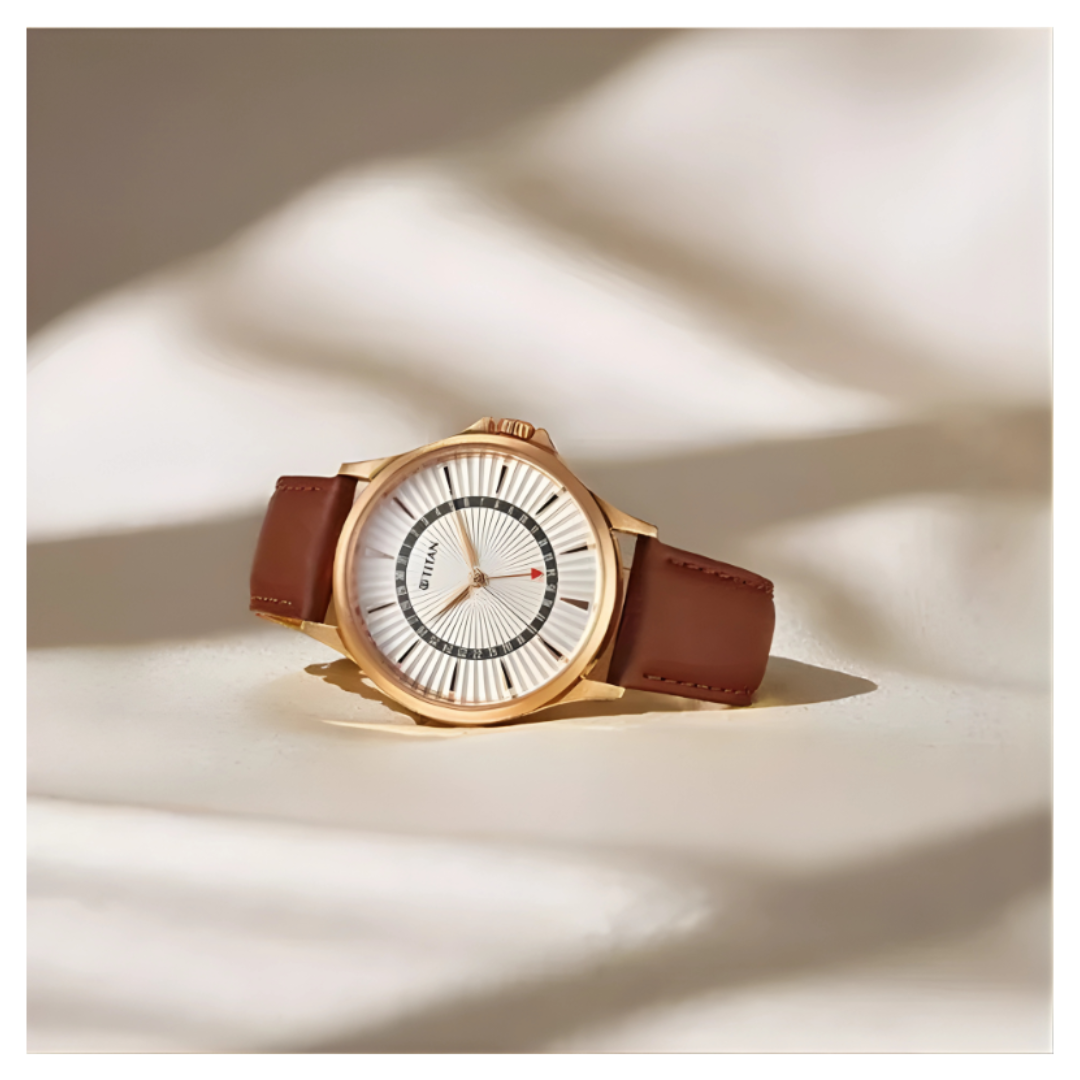 Titan 10038WL01 | Titan Karishma Quartz Analog with Date Silver Dial Leather Strap Watch For Men
