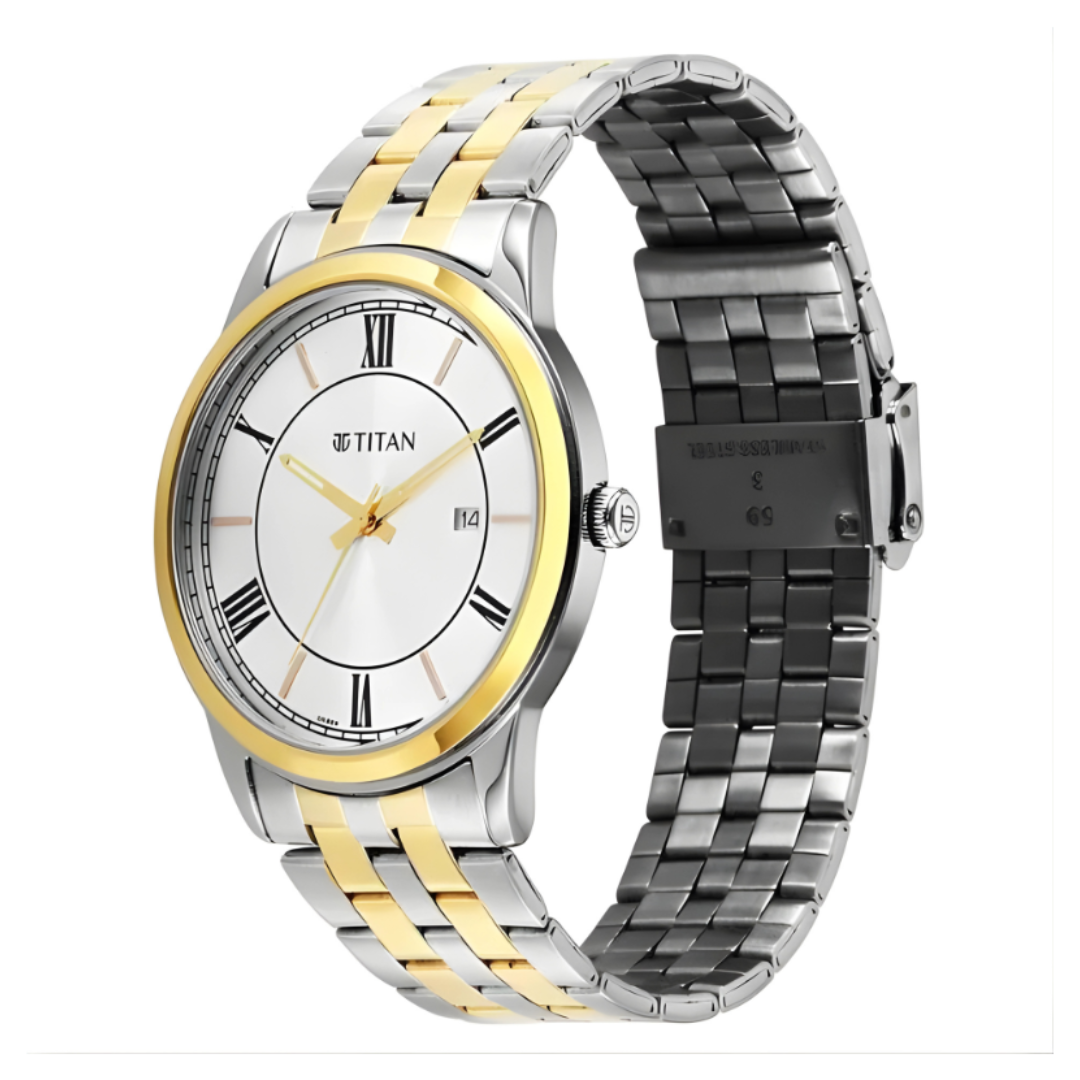 Titan 10060BM01 | Titan Karishma Festive Analog with Silver Dial Dual Tone Stainless Steel Strap Watch for Men