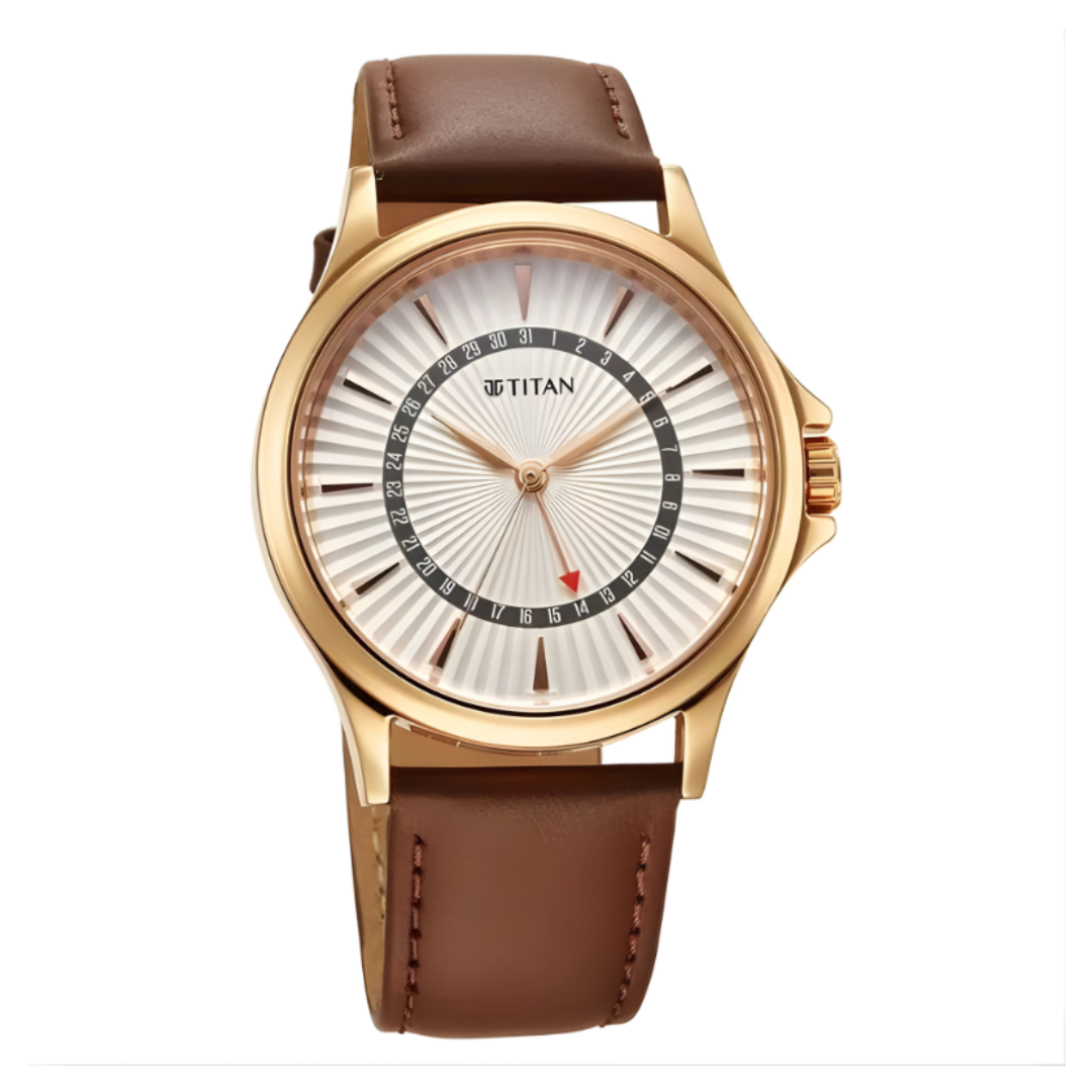 Titan 10038WL01 | Titan Karishma Quartz Analog with Date Silver Dial Leather Strap Watch For Men
