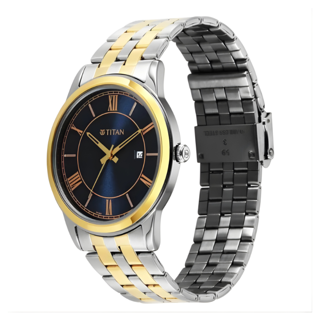 Titan 10060BM03 | Titan Karishma Festive Analog with Royal Blue Dial Dual Tone Stainless Steel Strap Watch for Men