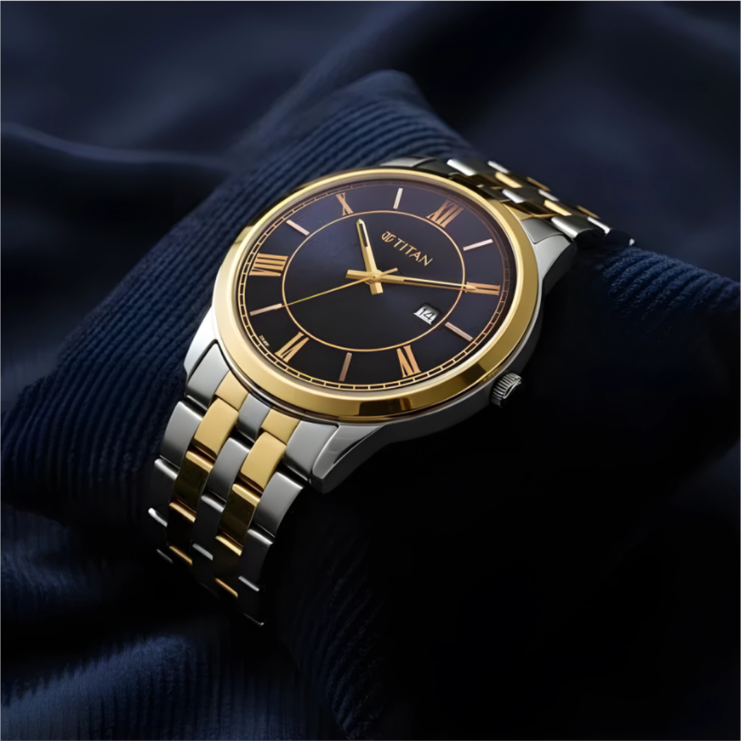 Titan 10060BM03 | Titan Karishma Festive Analog with Royal Blue Dial Dual Tone Stainless Steel Strap Watch for Men