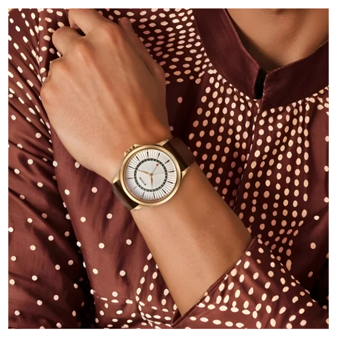 Titan 10038WL01 | Titan Karishma Quartz Analog with Date Silver Dial Leather Strap Watch For Men