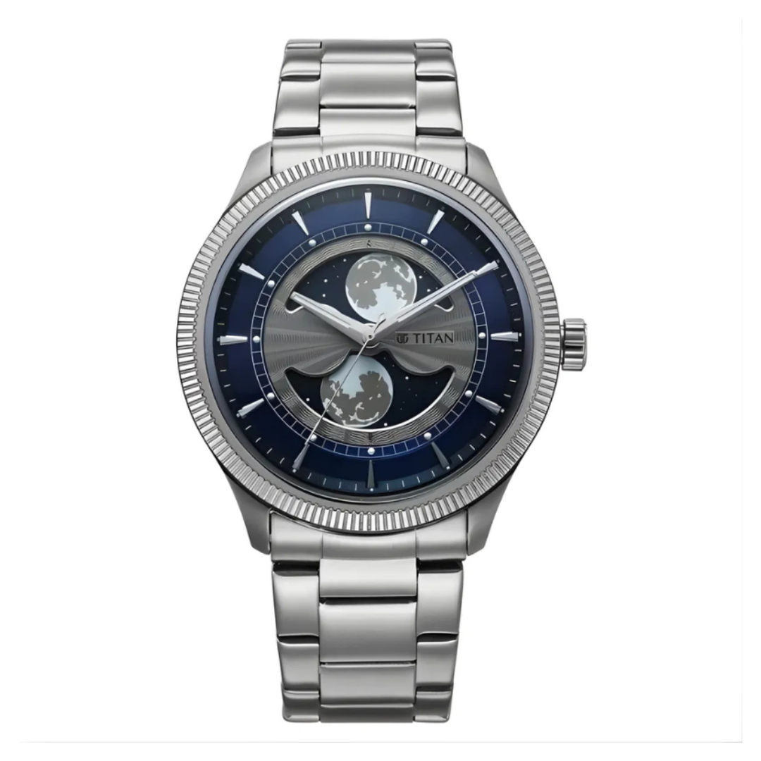 Titan 10050SM01 | Titan Stellar Analog with Dual Moon Phase and Blue Dial Silver Stainless Steel Strap Watch for Men