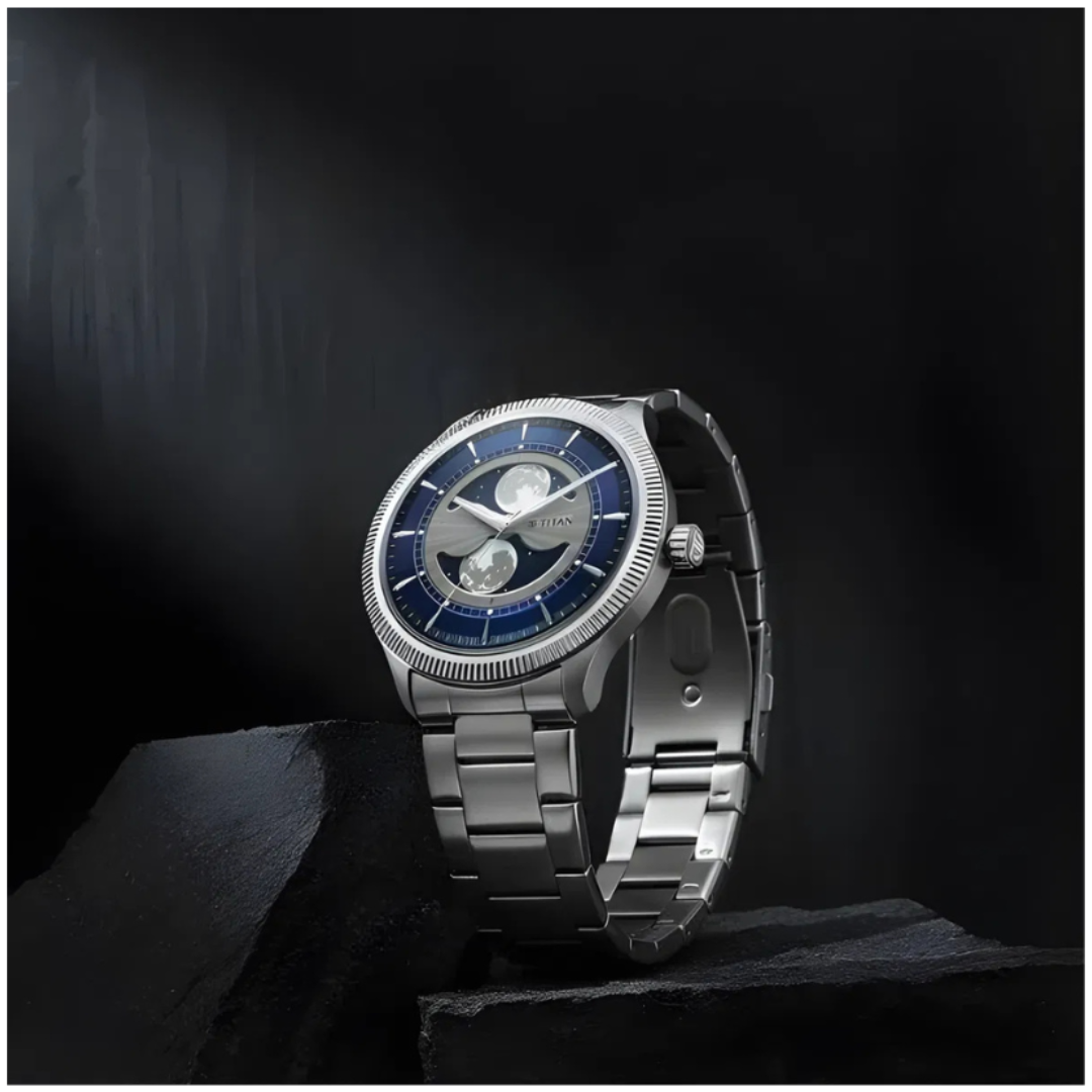 Titan 10050SM01 | Titan Stellar Analog with Dual Moon Phase and Blue Dial Silver Stainless Steel Strap Watch for Men