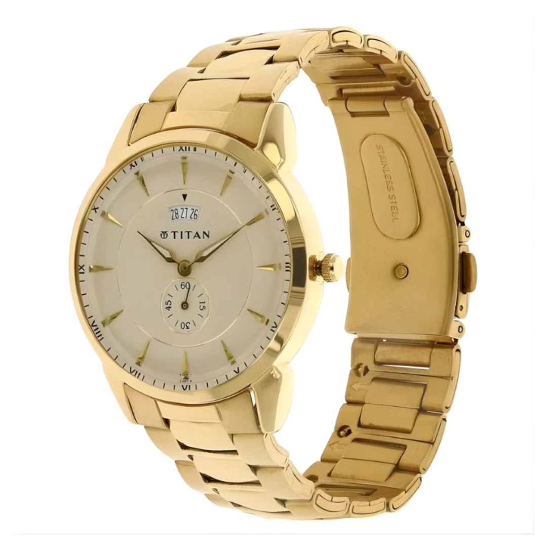 Titan 1521YM02 | Titan Quartz Analog with Date Champagne Dial Stainless Steel Strap Watch for Men