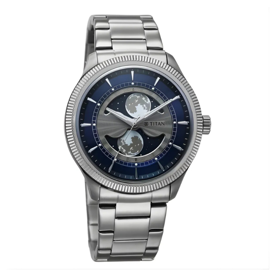Titan 10050SM01 | Titan Stellar Analog with Dual Moon Phase and Blue Dial Silver Stainless Steel Strap Watch for Men