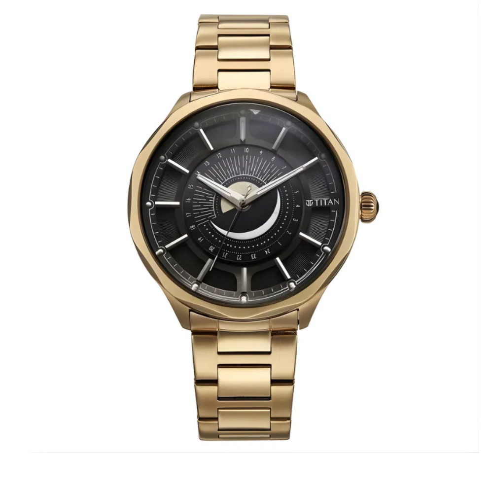 Titan 10028WM01 | Titan Stellar Analog with Sun Moon Phase and Black Dial Carnation Gold Stainless Steel Strap Watch for Men