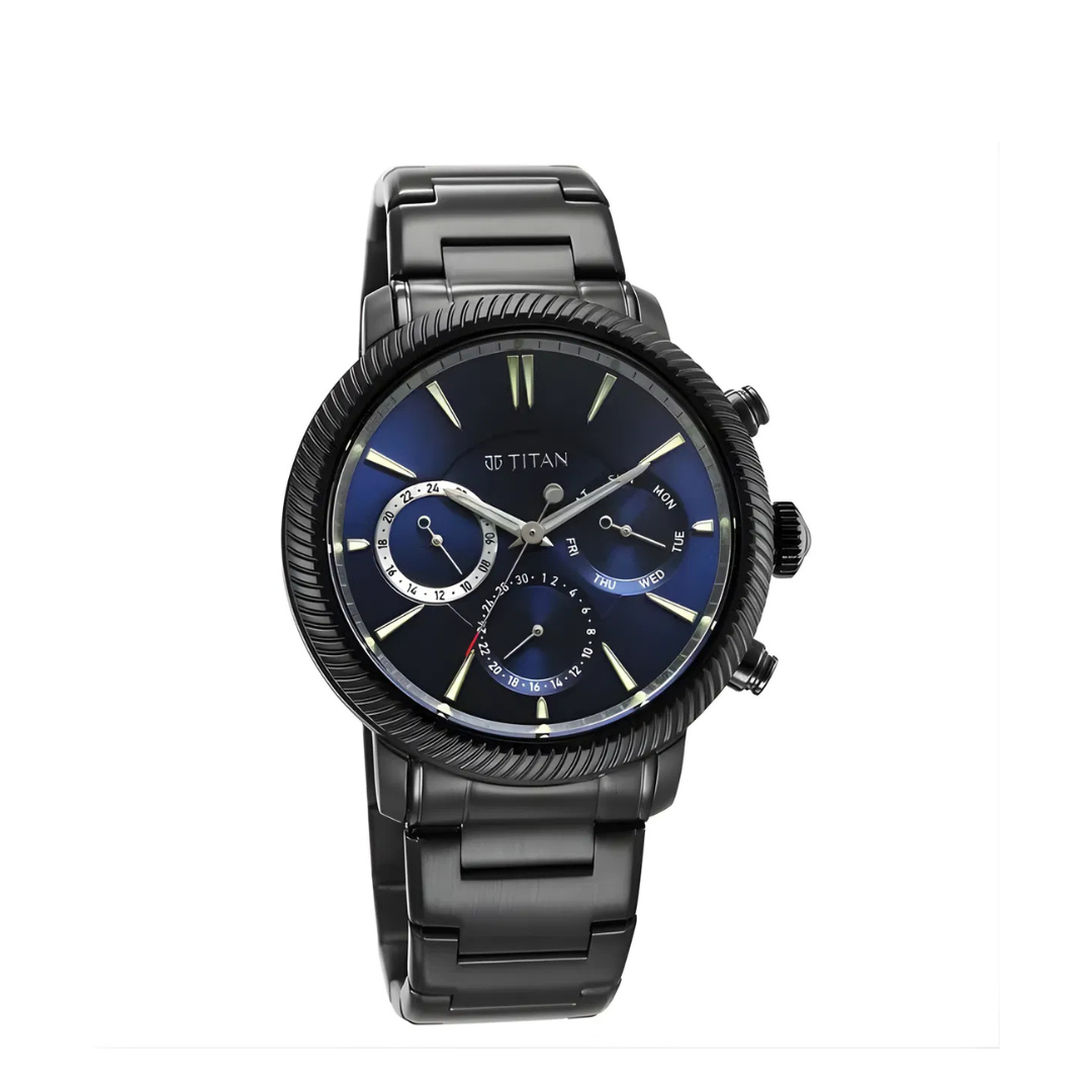 Titan 10012NM01 | Titan Stellar Multifunction Blue Dial Black Stainless Steel Strap Watch For Men