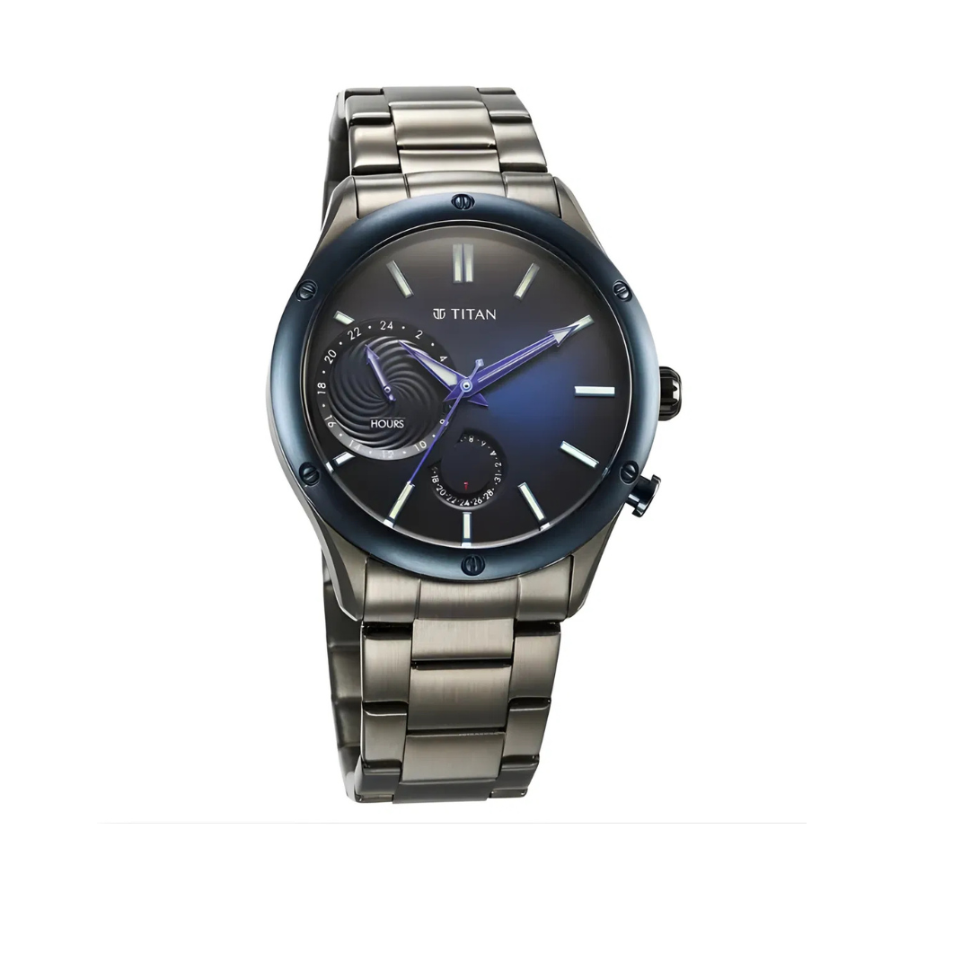 Titan 10009KM01 | Titan Stellar Multifunction Blue Dial Grey Stainless Steel Strap Watch For Men