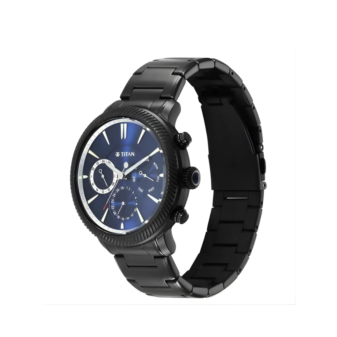 Titan 10012NM01 | Titan Stellar Multifunction Blue Dial Black Stainless Steel Strap Watch For Men