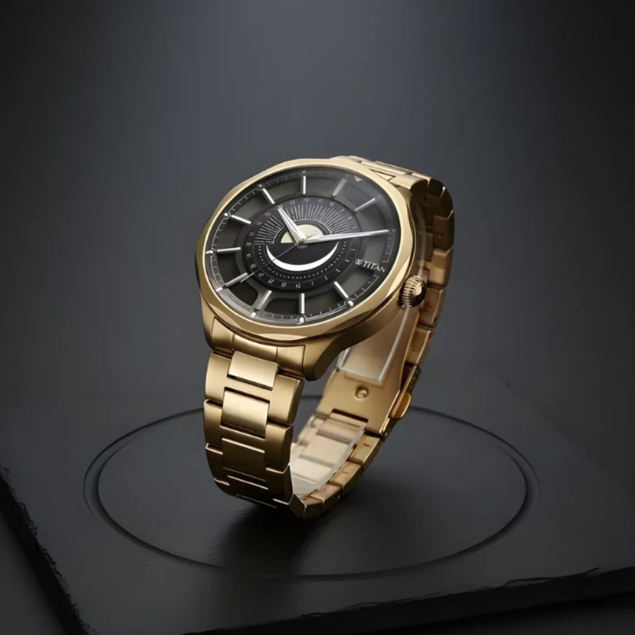 Titan 10028WM01 | Titan Stellar Analog with Sun Moon Phase and Black Dial Carnation Gold Stainless Steel Strap Watch for Men