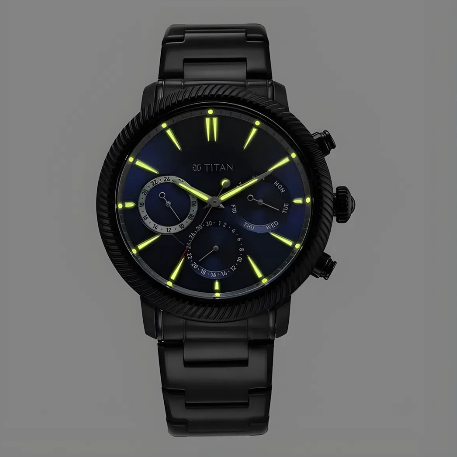 Titan 10012NM01 | Titan Stellar Multifunction Blue Dial Black Stainless Steel Strap Watch For Men