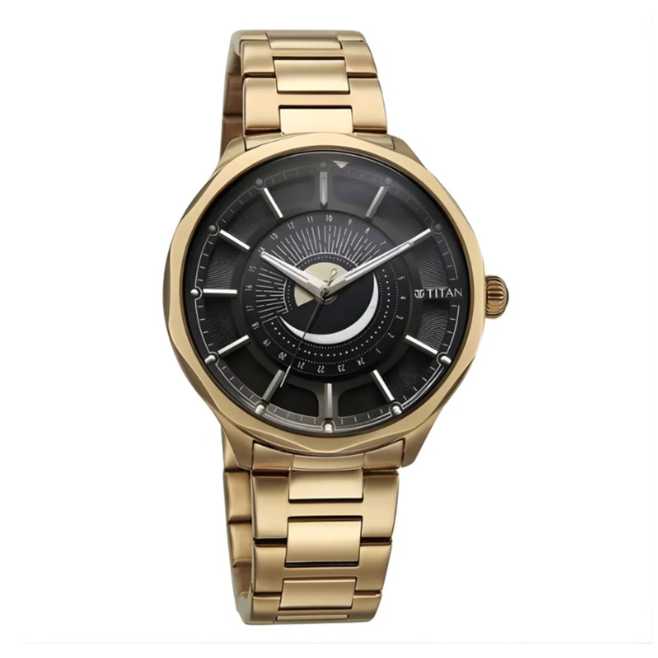Titan 10028WM01 | Titan Stellar Analog with Sun Moon Phase and Black Dial Carnation Gold Stainless Steel Strap Watch for Men