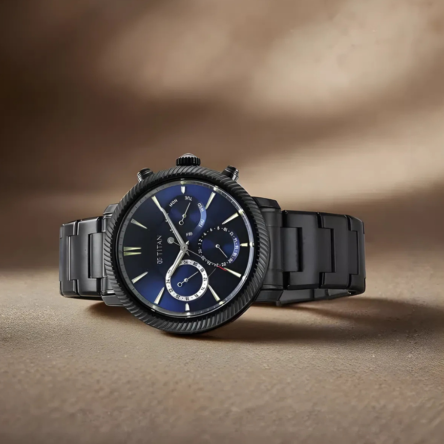 Titan 10012NM01 | Titan Stellar Multifunction Blue Dial Black Stainless Steel Strap Watch For Men