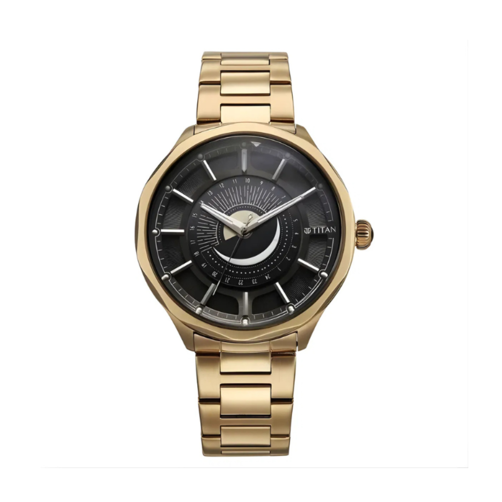Titan 10028WM01 | Titan Stellar Analog with Sun Moon Phase and Black Dial Carnation Gold Stainless Steel Strap Watch for Men