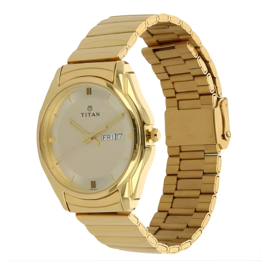 Titan 1578YM05 | Titan Quartz Analog with Day and Date Champagne Dial Golden Stainless Steel Strap Watch For Men