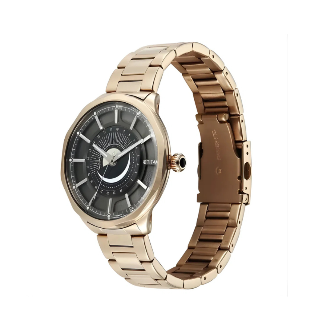 Titan 10028WM01 | Titan Stellar Analog with Sun Moon Phase and Black Dial Carnation Gold Stainless Steel Strap Watch for Men