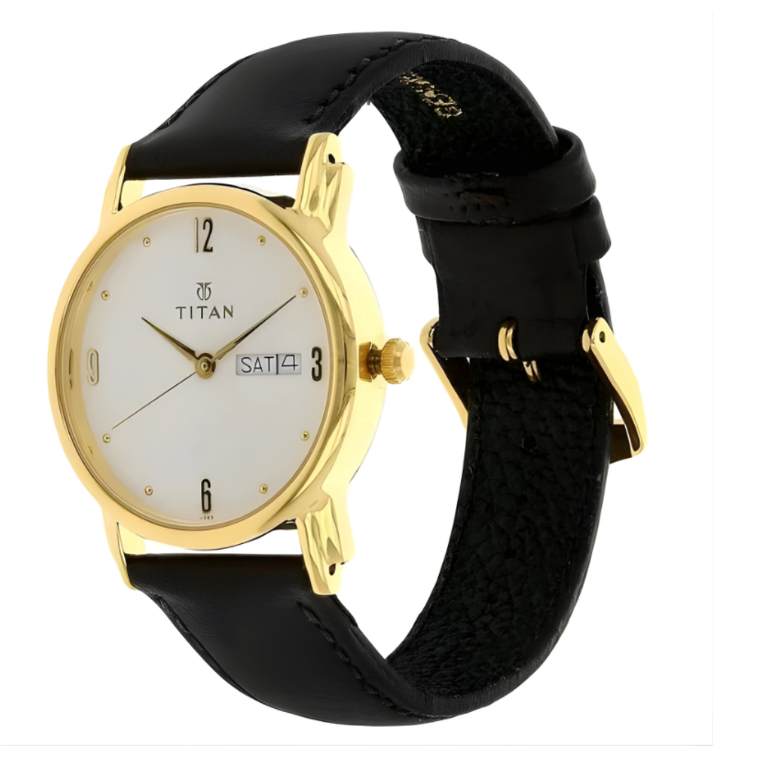 Titan 1445YL04 | Titan White Dial Analog with Day and Date Leather Strap watch for Men - 32 mm Case Size - Small Dial