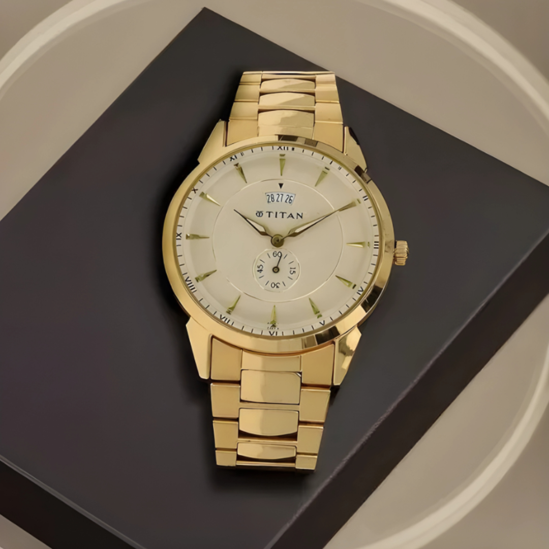Titan 1521YM02 | Titan Quartz Analog with Date Champagne Dial Stainless Steel Strap Watch for Men